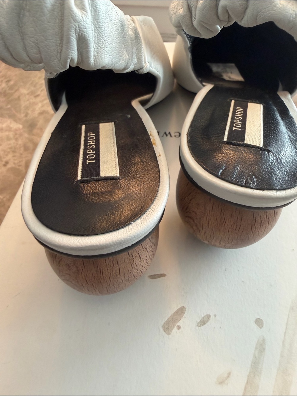 Topshop White Ruched Leather Mules with Wooden Block Heels